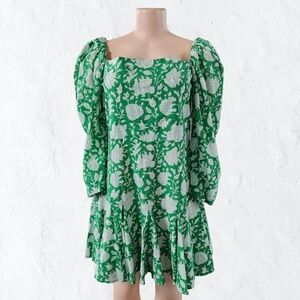 Green Puff Sleeve Tiered Sundress for Wedding Guest